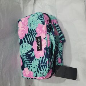 Hurley obsidian dark blue pink hibiscus tropical palm print makeup cosmetics bag
